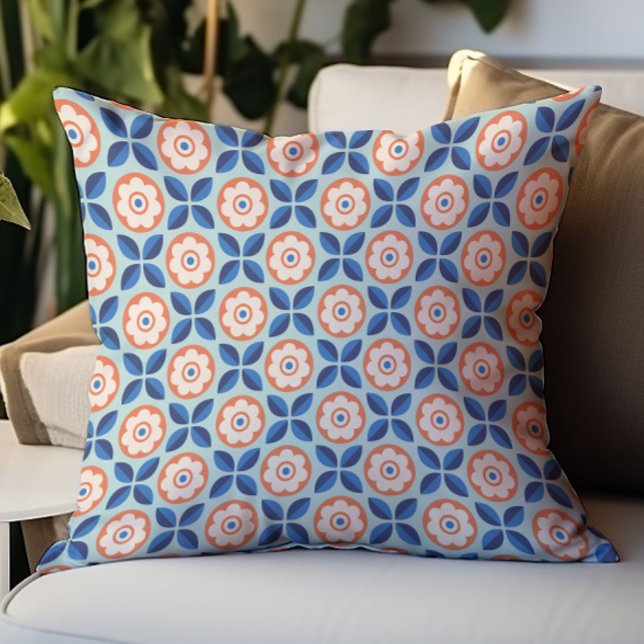 Retro Apricot Navy Aqua Floral Pattern Cushion (Creator Uploaded)