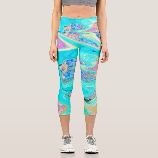 Retro Aqua Blue Liquid Art on Abstract Hydrangeas Capri Leggings (Front)