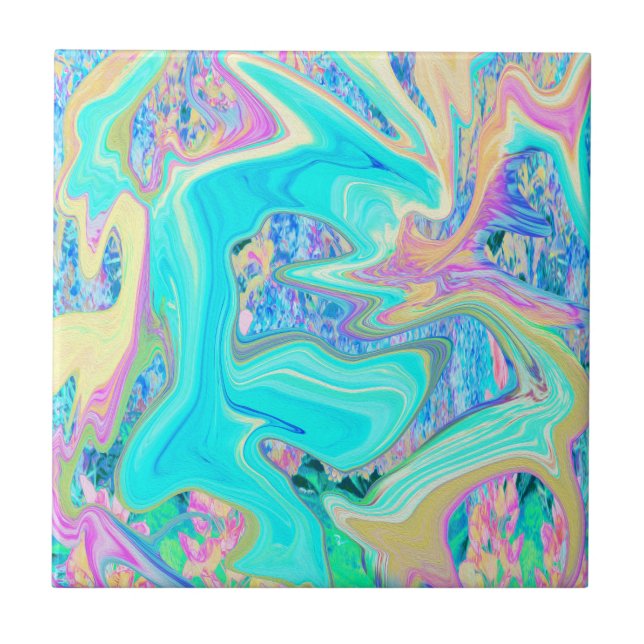 Retro Aqua Blue Liquid Art on Abstract Hydrangeas Ceramic Tile (Front)