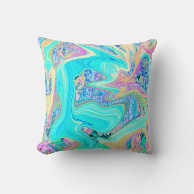 Retro Aqua Blue Liquid Art on Abstract Hydrangeas Cushion (Front)