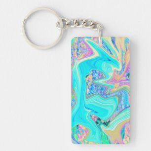 Retro Aqua Blue Liquid Art on Abstract Hydrangeas Key Ring