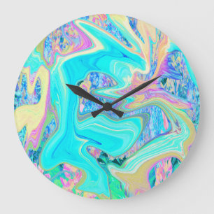 Retro Aqua Blue Liquid Art on Abstract Hydrangeas Large Clock