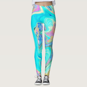 Retro Aqua Blue Liquid Art on Abstract Hydrangeas Leggings