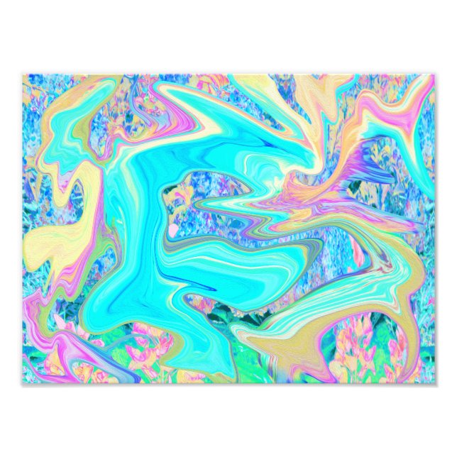 Retro Aqua Blue Liquid Art on Abstract Hydrangeas Photo Print (Front)