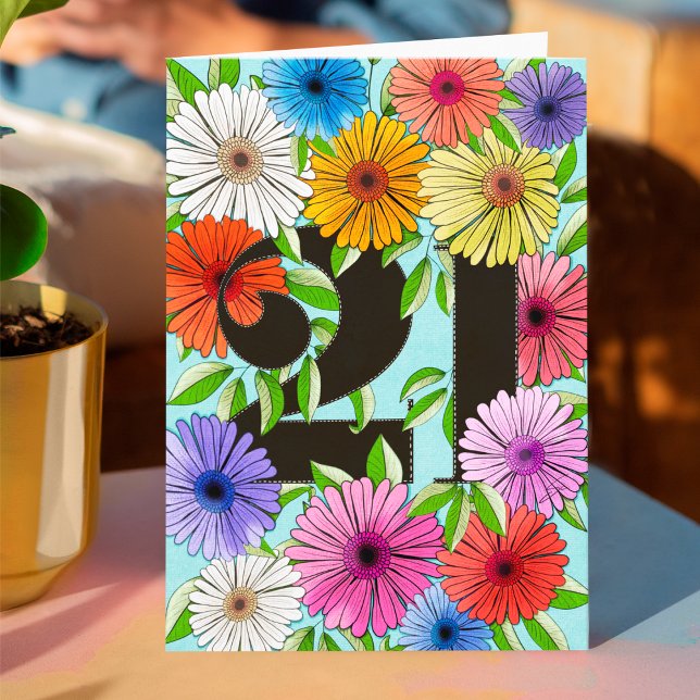 Retro Aqua Blue Personalised 21st Birthday Floral Card (Creator Uploaded)