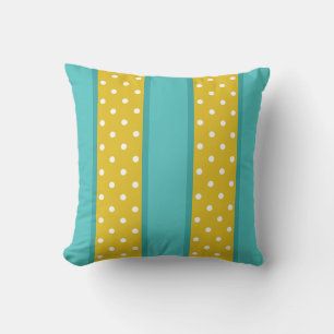 Retro Aqua Blue  Yellow Polka Dot Stripes Pattern Cushion