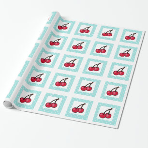 Retro Aqua Dots Cherries Wrapping Paper