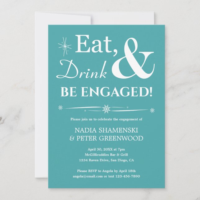 Retro Aqua Eat Drink Be Engaged Engagement Party Invitation (Front)