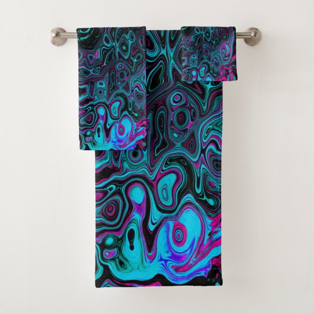 Retro Aqua Magenta and Black Abstract Swirl Bath Towel Set (Insitu)