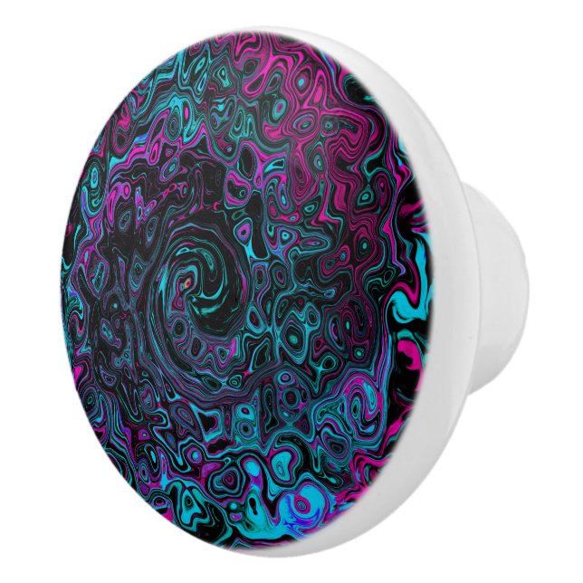Retro Aqua Magenta and Black Abstract Swirl Ceramic Knob (Right)