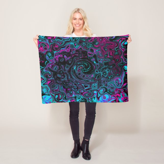 Retro Aqua Magenta and Black Abstract Swirl Fleece Blanket (In Situ)