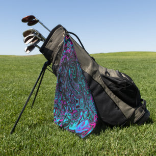 Retro Aqua Magenta and Black Abstract Swirl Golf Towel