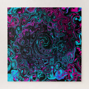 Retro Aqua Magenta and Black Abstract Swirl Jigsaw Puzzle