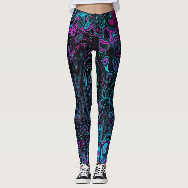 Retro Aqua Magenta and Black Abstract Swirl Leggings (Front)