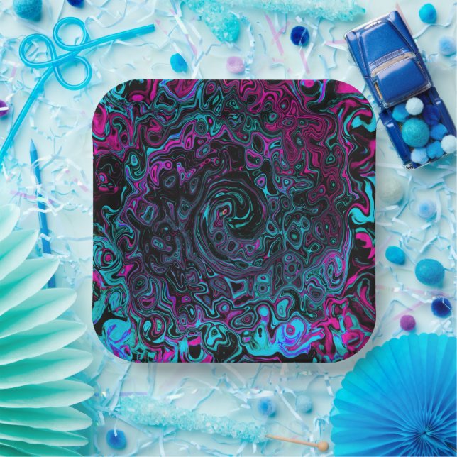 Retro Aqua Magenta and Black Abstract Swirl Paper Plate (Party)