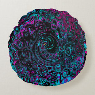 Retro Aqua Magenta and Black Abstract Swirl Round Cushion