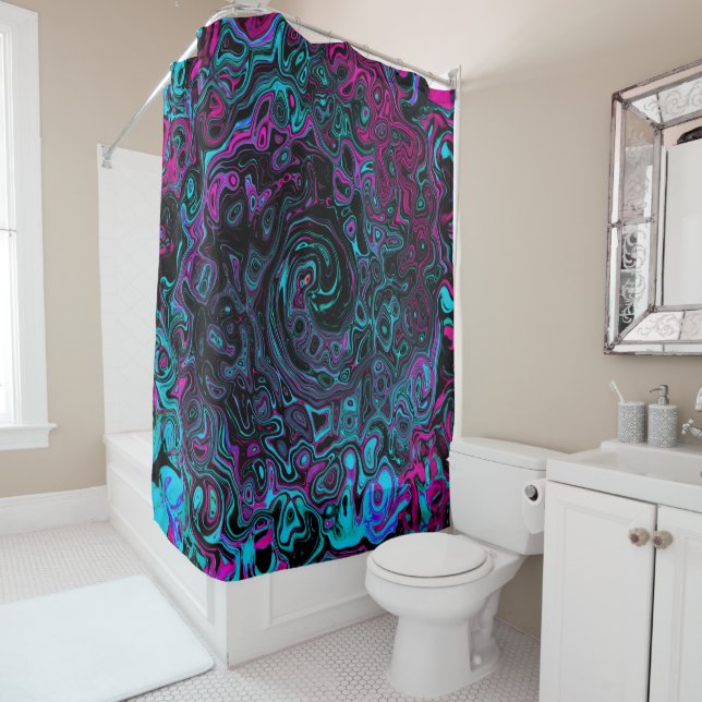 Retro Aqua Magenta and Black Abstract Swirl Shower Curtain (In Situ)