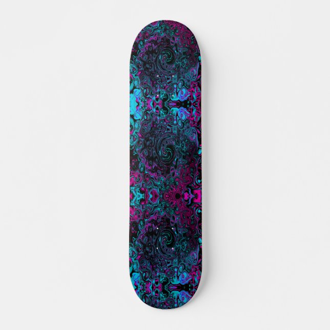 Retro Aqua Magenta and Black Abstract Swirl Skateboard (Front)