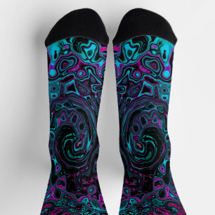 Retro Aqua Magenta and Black Abstract Swirl Socks