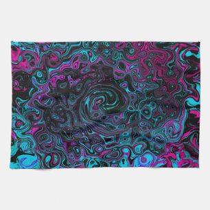 Retro Aqua Magenta and Black Abstract Swirl Tea Towel