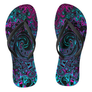 Retro Aqua Magenta and Black Abstract Swirl Thongs
