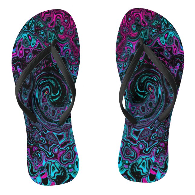 Retro Aqua Magenta and Black Abstract Swirl Thongs (Footbed)