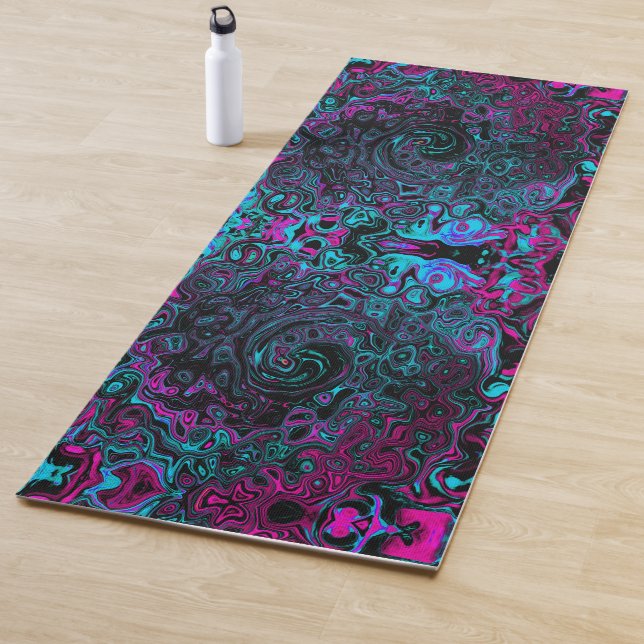 Retro Aqua Magenta and Black Abstract Swirl Yoga Mat (In Situ)