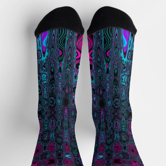 Retro Aqua Magenta and Black Abstract Waves Socks (Top)