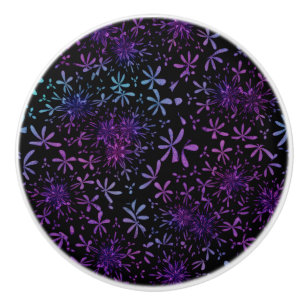 Retro Aqua Purple Floral Blossoms Ceramic Knob