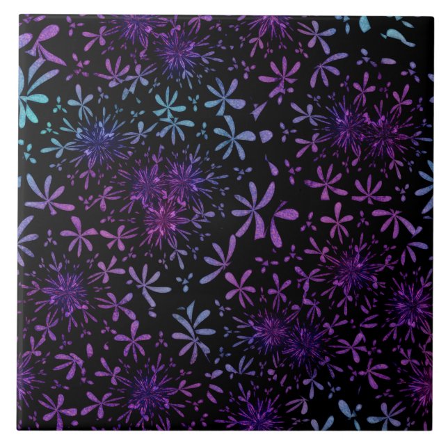 Retro Aqua Purple Floral Blossoms Ceramic Tile (Front)
