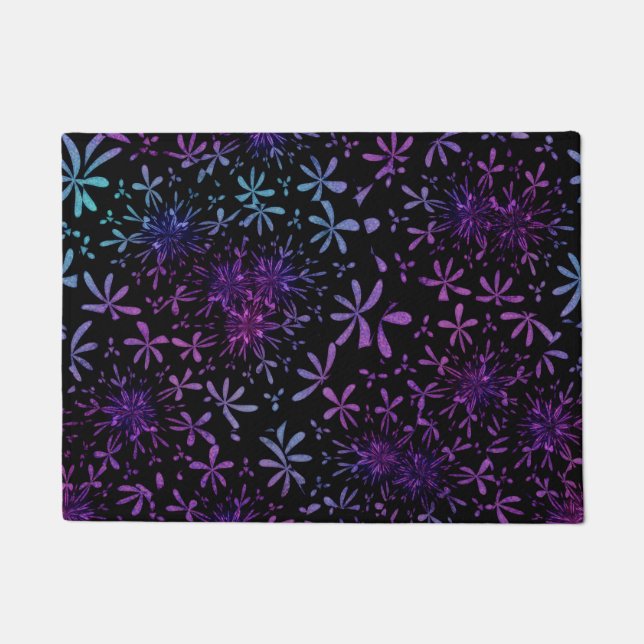 Retro Aqua Purple Floral Blossoms Doormat (Front)