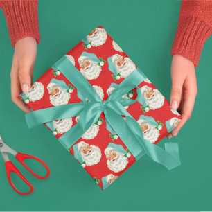 Retro Aqua Santa on Red Christmas Wrapping Paper