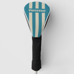 Retro Aquamarine Three Pin Stripes with Name Golf Head Cover