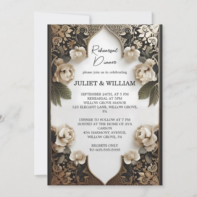 Retro Arabic Exotic Bold Damask Rehearsal Dinner Invitation (Front)
