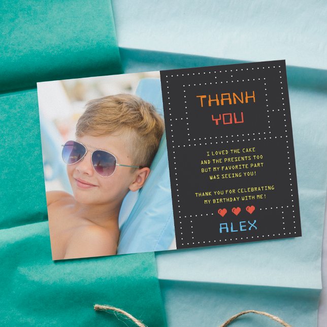 Retro Arcade Game Kids Birthday Photo Thank You Card (Creator Uploaded)