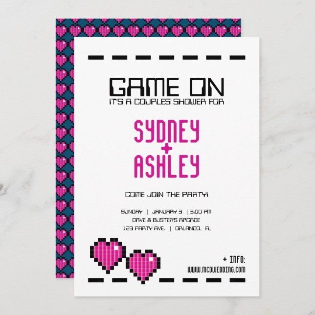 retro arcade GAMER WEDDING couple shower PINK LOVE Invitation (Front/Back)