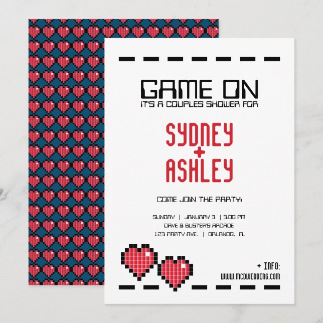 retro arcade GAMER WEDDING couple shower RED LOVE Invitation (Front/Back)