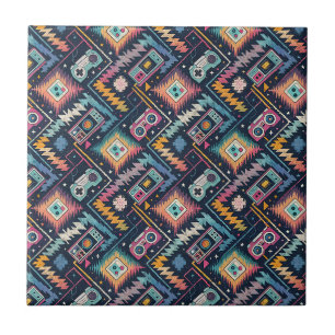 Retro Arcade Geek Gaming Glitch & Pixel Pattern Ceramic Tile