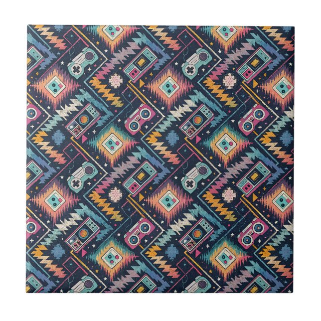 Retro Arcade Geek Gaming Glitch & Pixel Pattern Ceramic Tile (Front)