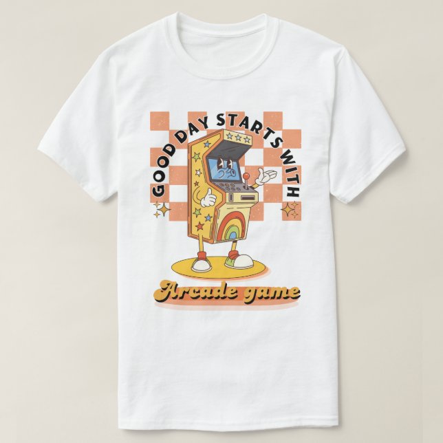 Retro Arcade Good Day Starts Design T-Shirt (Design Front)
