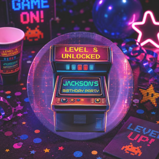 Retro Arcade Level Up Birthday Party Paper Plates (Creator Uploaded)