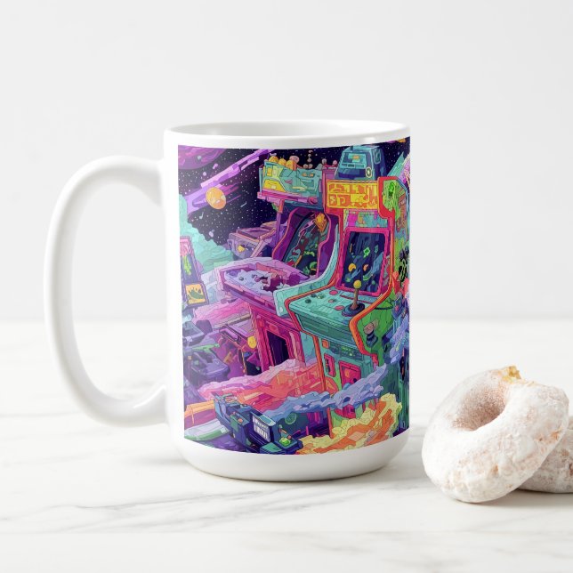 Retro Arcade Machines in Space Coffee Mug (With Donut)