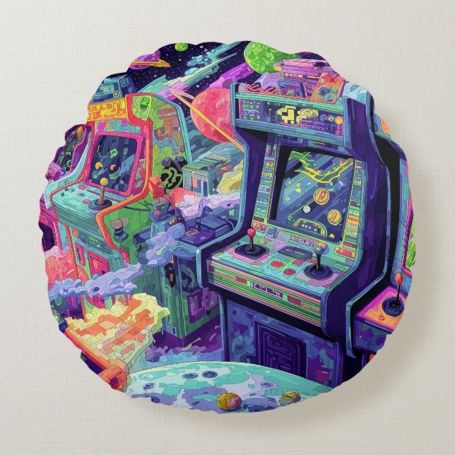Retro Arcade Machines in Space Round Cushion (Front)