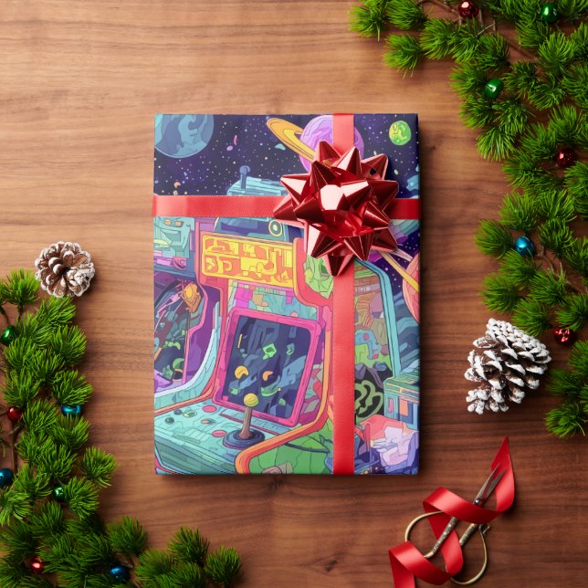 Retro Arcade Machines in Space Wrapping Paper (Holiday Gift)