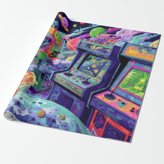 Retro Arcade Machines in Space Wrapping Paper (Unrolled)