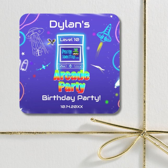  Retro Arcade Power Up Gaming Birthday Party Square Sticker (Creator Uploaded)