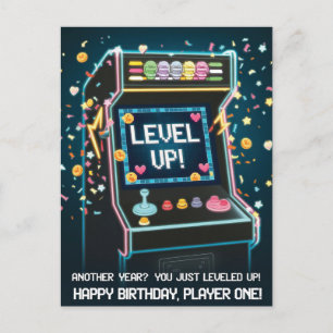 Retro Arcade-Themed Birthday - "Level Up!" Gamer Postcard