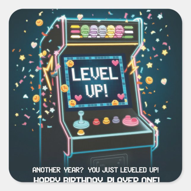 Retro Arcade-Themed Birthday - "Level Up!" Gamer Square Sticker (Front)