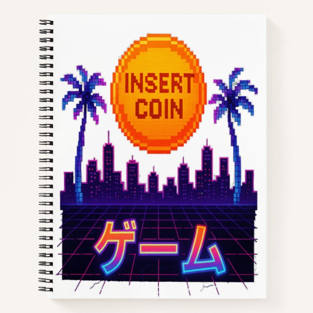 Retro Arcade Vibes – Insert Coin Pixel Art Design Notebook (Front)