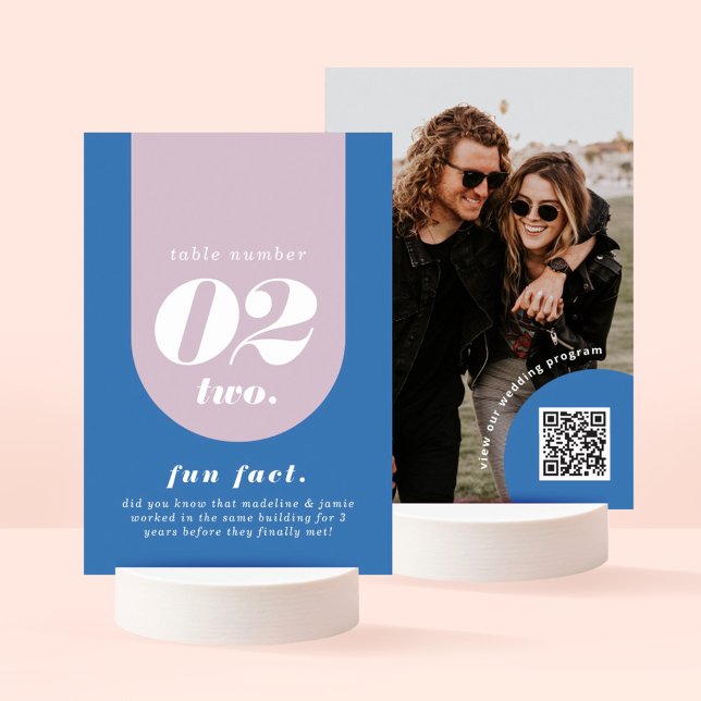 Retro Arch Blue & Purple Couple's Fun Fact & Photo Table Number (Creator Uploaded)